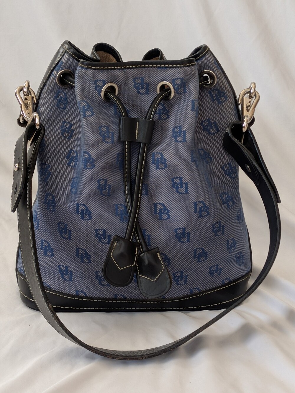 DOONEY & BOURKE Blue Monogram Canvas Leather Drawstring Bucket Hobo Bag Purse